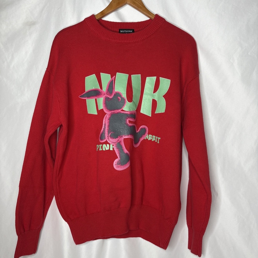 Nuthink NUK Women's M Red Sweater Pink Rabbit Y2K Korean Knit Streetwear